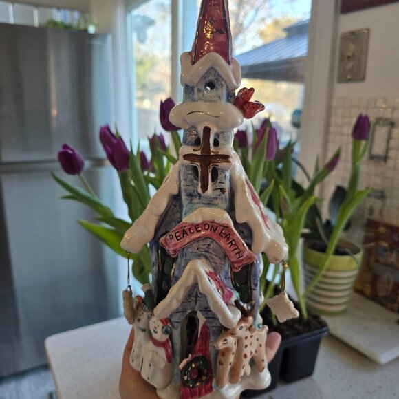 Christmas Church Peace on Earth Ceramic Candle Lit Cobblestone Village 2001 VTG - Picture 1 of 11